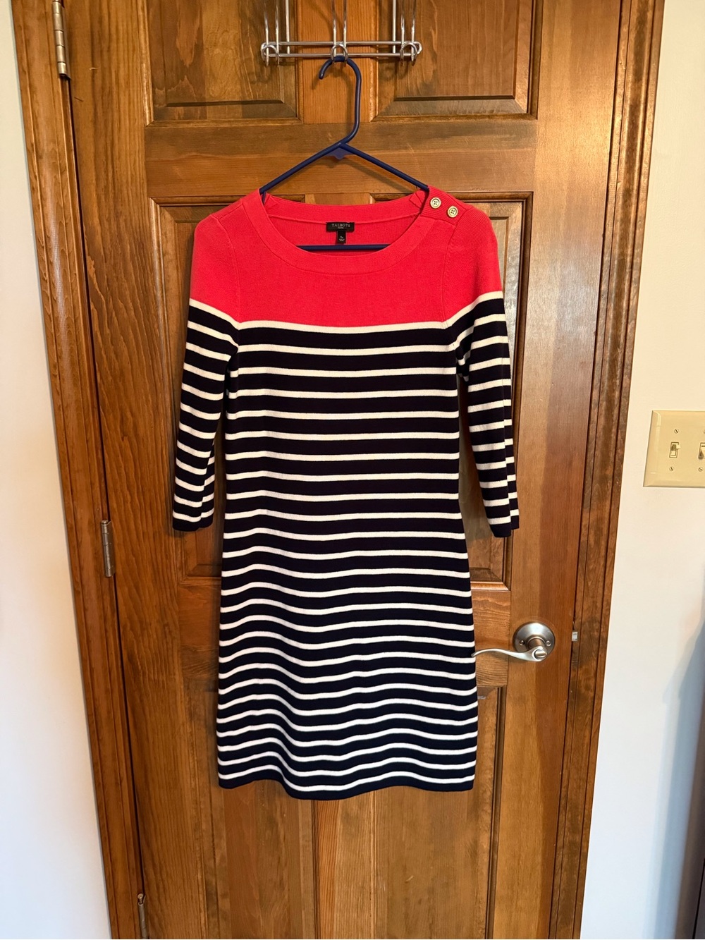 Talbots Navy and Coral Striped Midi Dress